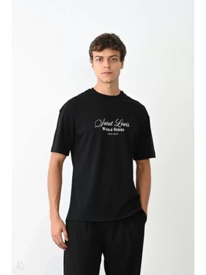 Lune Store Unisex Bisiklet Yaka Baskılı Oversize T-Shirt - Siyah