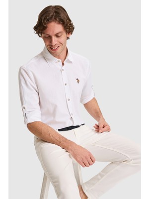 U.S. Polo Assn. Erkek Keten Karışımlı Beyaz Uzun Kollu Basic Gömlek 50320262-VR013
