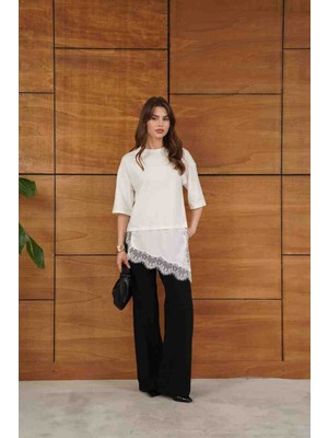 Topshow Dantel ve Saten Detaylı Asimetrik Bluz T-Shirt