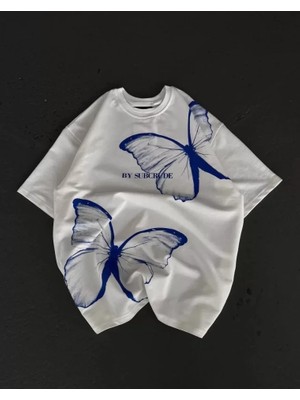 Lune Store Unisex Bisiklet Yaka Baskılı Oversize T-Shirt - Beyaz