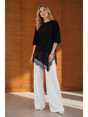 Topshow Dantel ve Saten Detaylı Asimetrik Bluz T-Shirt