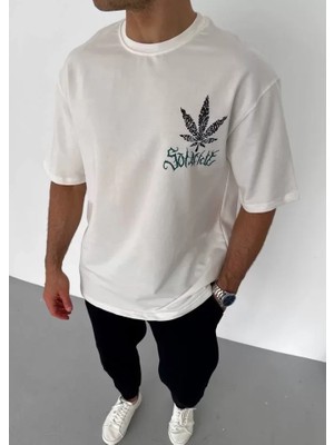 Lune Store Unisex Bisiklet Yaka Baskılı Oversize T-Shirt - Beyaz