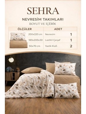 Mabelme Lüks%80 Pamuklu Çift Kişilik Nevresim Takımı Seti Yorgan Kılıfı Krem Yaprak Desen 200X220 cm + Lastikli Battal Boy Çarşaf 180X200X30 cm +2 Yastık Kılıflı 50X70 cm