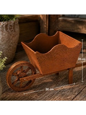 Dekor66 Ahşap Görünümlü El Arabası Saksı - Dekoratif Balkon ve Bahçe Çiçekliği