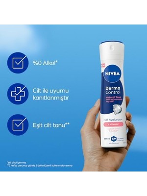 Al-Kar Ticaret Kadın Sprey Deodorant Derma Control Natural Tone 150 Ml, Koltuk Altı Kararmasına Karşı Etkili, Eşit Cilt Tonu, 72 Saat Anti Perspirant Koruma, C Vitamini, Hyaluronik Asit, Alkol Içermez