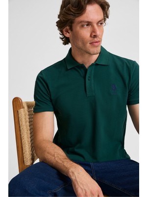 U.S. Polo Assn. Erkek Slim Fit Polo Yaka Koyu Yeşil Basic Tişört 50326920-VR079