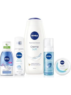 Al-Kar Ticaret Creme Soft Kremsi Dokunuş Duş Jeli 500 ml + Çift Fazlı Göz Makyaj Temizleyici 125 ml + Sprey Deodorant Fresh Natural 75ML +Nemlendirici Bakım Kremi 100 ml + Yüz Yıkama Köpüğü Canlandırıcı 150 ml