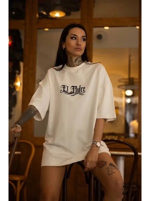 Lune Store Unisex Bisiklet Yaka Baskılı Oversize T-Shirt - Beyaz