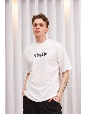 Lune Store Unisex Bisiklet Yaka Baskılı Oversize T-Shirt - Beyaz