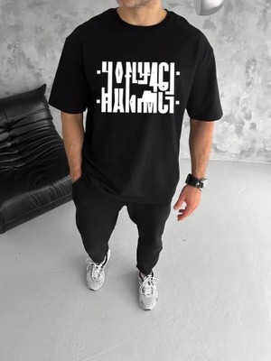 Lune Store Unisex Bisiklet Yaka Katlanan Baskılı T-Shirt - Siyah