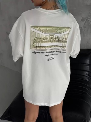 Lune Store Unisex Baskılı Oversize T-Shirt - Beyaz