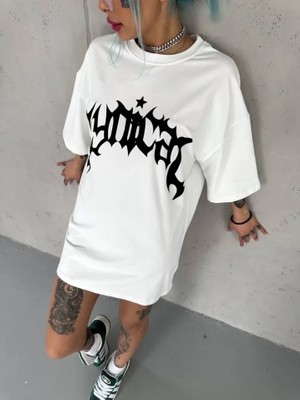 Lune Store Unisex Bisiklet Yaka Baskılı Oversize T-Shirt - Beyaz