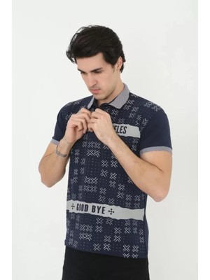 Lune Store Erkek Yakalı Slim Fit Baskılı T-Shirt - Lacivert