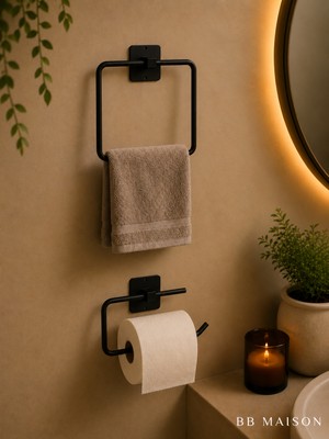 Yapışkanlı Siyah Kare Havluluk Wc Tuvalet Kağıtlığı Havlu Askısı Banyo Askılığı Metal Kağıtlık