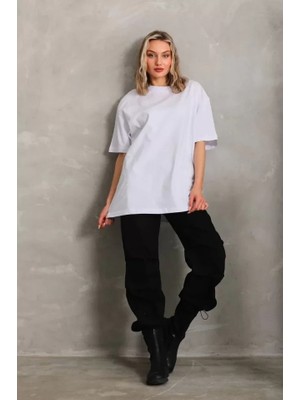 Lune Store Unisex Bisiklet Yaka 20/1 Düz Oversize T-Shirt - Beyaz