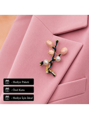 Herşey Nota Pembe Çiçek ve Inci Detaylı Kadın Broş Hediye Yaka Aksesuarı