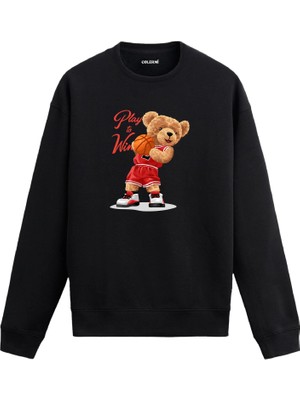 Colermi Ayıcık Baskılı Sweatshirt - Basketbol Play Win Tasarımı —