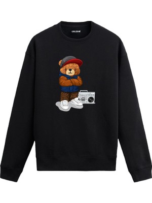 Colermi Ayıcık Baskılı Sweatshirt - Boombox Hip Hop Tasarımı —