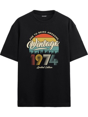 Colermi 1974 Nostalji Oversize Tişört - Retro Gün Batımı & Doğa Silhouettes
