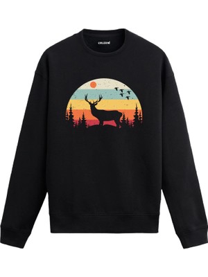 Colermi Doğa Manzaralı Geyik Baskılı Vintage Sweatshirt —