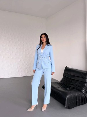 Zf Butik Kadın Ceket Pantolon Takım Mavi Çift Cep Bel Ayarlı
