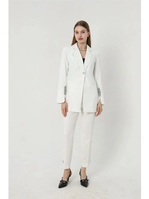 Zf Butik Kadın Beyaz Blazer Ceket Pantolon Takım Ikili Boru Paça