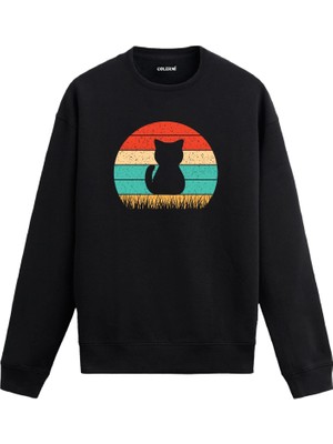 Colermi Retro Gün Batımı Kedi Silüet Baskılı Sweatshirt —