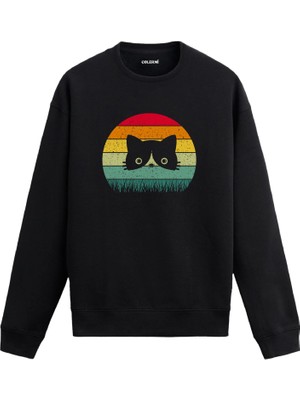 Colermi Retro Gün Batımı Kedi Baskılı Sweatshirt —