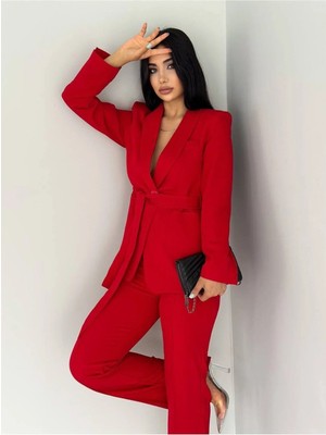 Zf Butik Bordo Blazer Ceket Pantolon Takım Elbise Şal Yaka Kemerli Boru Paça