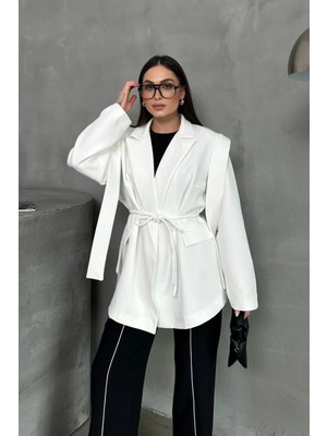 Zf Butik Kadın Oversize Blazer Ceket Beyaz Kuşaklı Omuz Detaylı