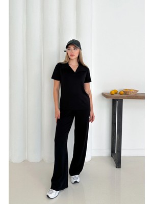 Zf Butik Kadın Siyah Modal Kumaş Polo Yaka Kısa Kollu Eşofman Takımı