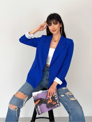 Zf Butik Kadın Kruvaze Yaka Düğmesiz Cepli Astarlı Katlanabilir Kol Blazer Ceket Saks Mavisi