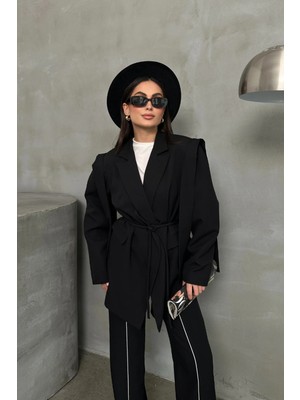 Zf Butik Kadın Oversize Blazer Ceket Siyah Kuşaklı Omuz Detaylı