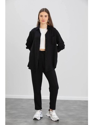 Zf Butik Kadın Bej Ikili Keten Gömlek Pantolon Alt Üst Takım