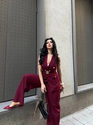 Zf Butik Kadın B Kemerli Yelek Takım Elbise Bordo