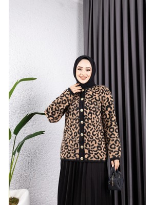 Zf Butik Sfg Life Moda Kadın 38-40 Beden Uyumlu Şardonlu Tüylü Önü Gold Düğmeli ve Leopar Desenli Triko Hırka