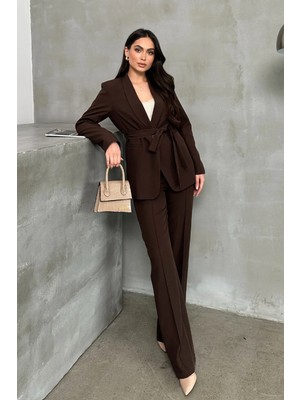 Zf Butik Kadın Ikili Kuşaklı Blazer Ceket ve Pantolon Takım Kahverengi