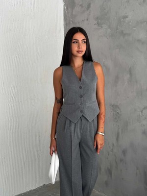 Zf Butik Kadın V Yaka Düğmeli Yelek Antrasit Polyester Pamuk