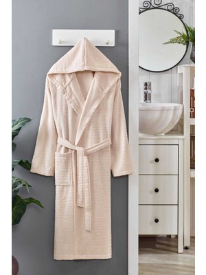 Mira Home Kapüşonlu Unisex Banyo Bornozu %100 Soft Pamuklu Krem