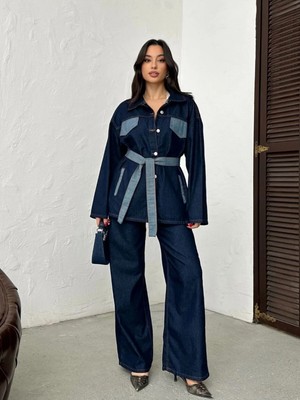 Zf Butik Kadın Gömlek Yaka Kuşak Detaylı Denim Takım Lacivert