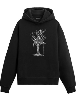Colermi Ağaç Ev ve Geyik Baskılı Hoodie —