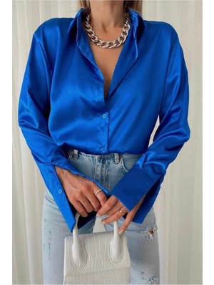 Zf Butik Saten Salaş Kesim Kadın Gömlek Saks