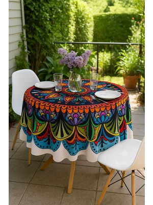 Mira Home Yuvarlak Etnik Desenli Duck Kumaş Masa Örtüsü 150X150 cm