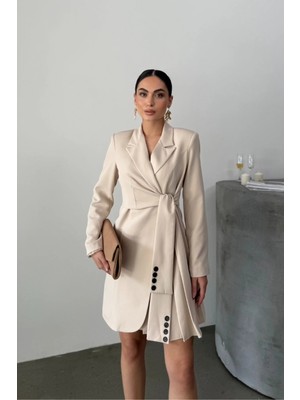 Zf Butik Kadın Elbise Mini Şık Uzun Kollu Kuşaklı Kruvaze Yaka Pileli Ceket Elbise