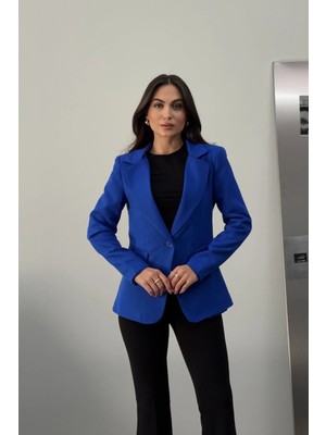 Zf Butik Kadın Kısa Blazer Ceket Astarlı Vatkalı Mavi