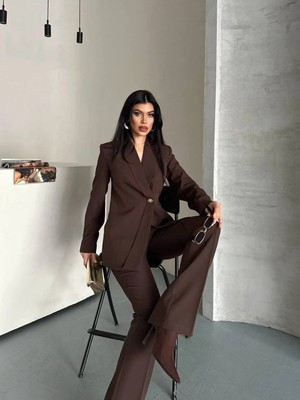 Zf Butik Asimetrik Kesimli Tek Düğmeli Ceket Pantolon Takım Kahverengi