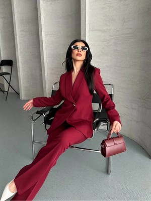 Zf Butik Kadın Bordo Tek Düğmeli Asimetrik Ceket Pantolon Takım