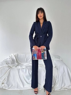Zf Butik Kadın Takım Elbise Kemerli Şal Yaka Blazer Ceket Boru Paça Pantolon Çizgili-Lacivert