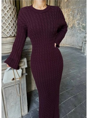 Zf Butik Bisiklet Yaka Saç Örgülü Triko Elbise Bordo Uzun Boy