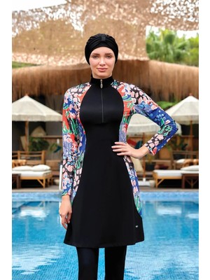 Zf Butik Likralı Tam Kapalı Tesettür Mayo Siyah 4 Parça